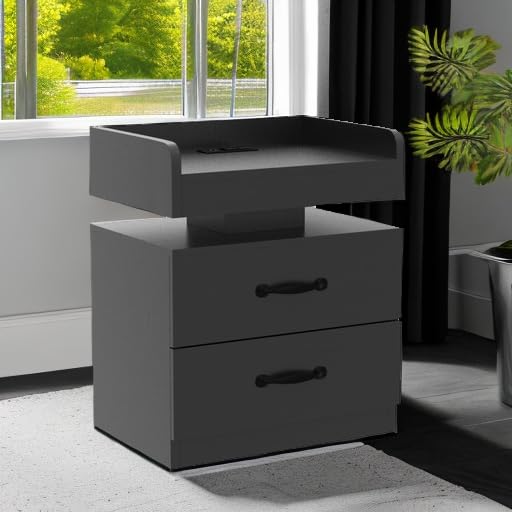 Nightstand with Charging Station, Night Stand with LED Lights, Modern Led End Table, Nightstands Set of 2, Night Stand with 2 Drawers, Bed Side Table with Storage for Living Room, Bedroom (2, Black)