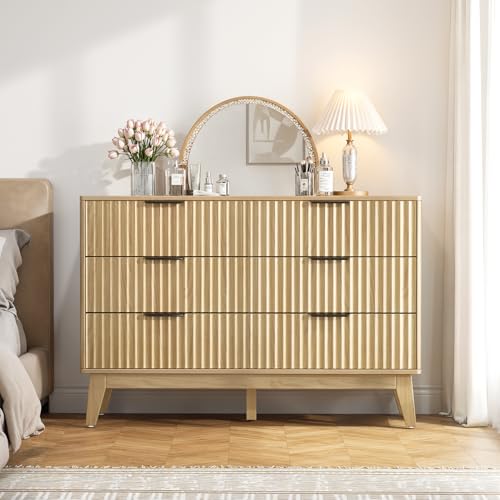 Butinsx Modern 6 Drawer Dresser, Natural Oak, Fluted Wave Design, Rounded Corners, Dresser TV Stand, 48" Wide Chest of Drawers for Bedroom and Living Room