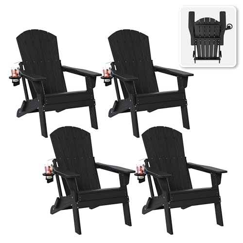 Folding Adirondack Chair Set of 4 with Cup Holder, HDPE All Weather Resistant Plastic Outdoor Patio Chairs, Heavy Duty Fire Pit Seating for Backyard Lawn Garden, Wooden Textured Design(Black)