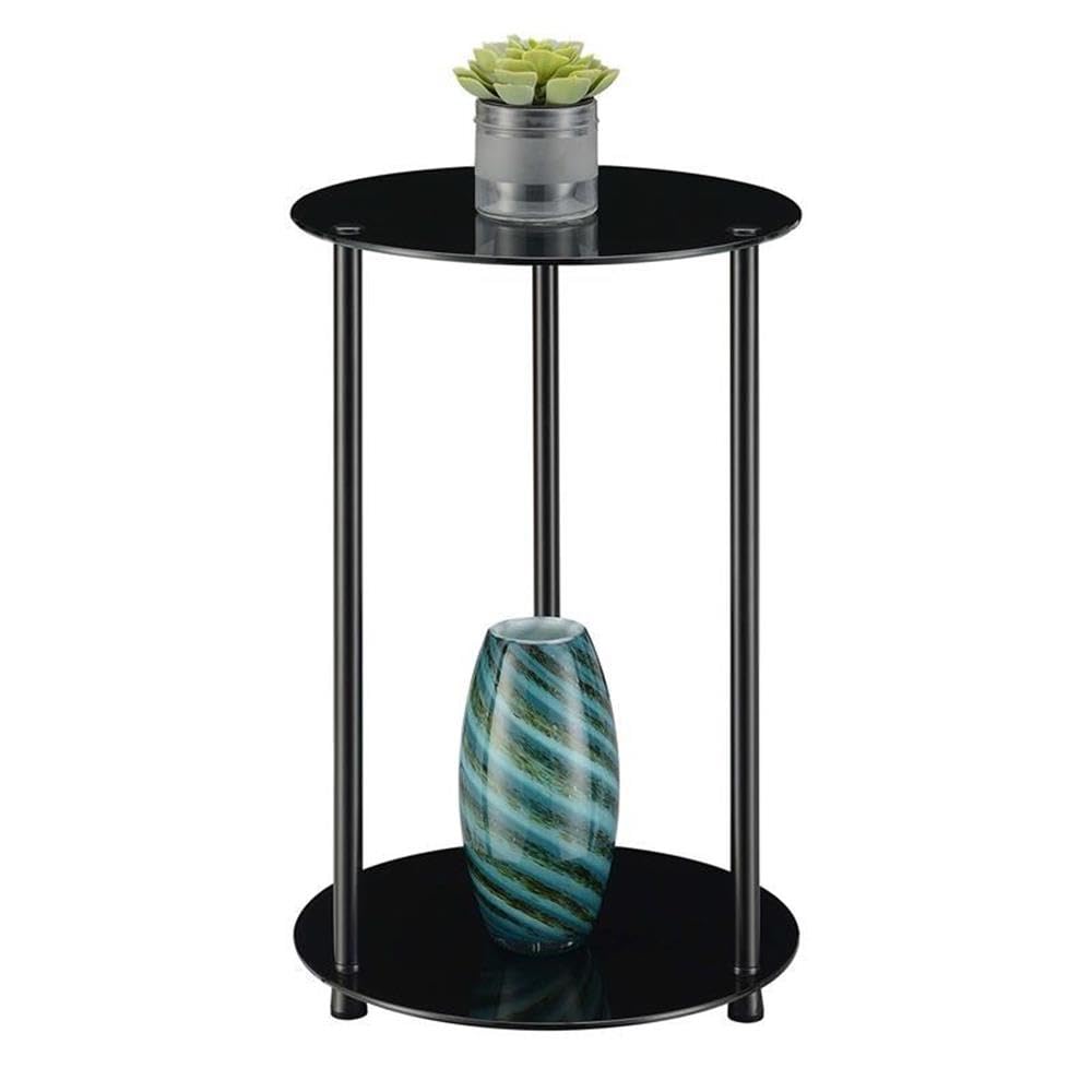 Convenience Concepts Designs2Go Classic Glass 2 Tier Round End Table 15.75" - Modern Side Table for Living Room, Tempered Glass Table with Storage Shelves for Bathroom, Bedroom, Office, Black/Black