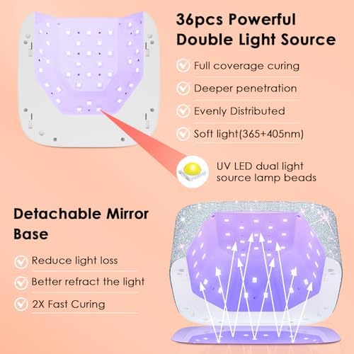 UV LED Nail Lamp Cordless, HUITINE 80W Rechargeable UV Light for Gel Nails, Professional Gel Light Dryer with 5 Timers & Mirror Base, Sparkling Rhinestones Diamond Curing Lamp for Salon & Home