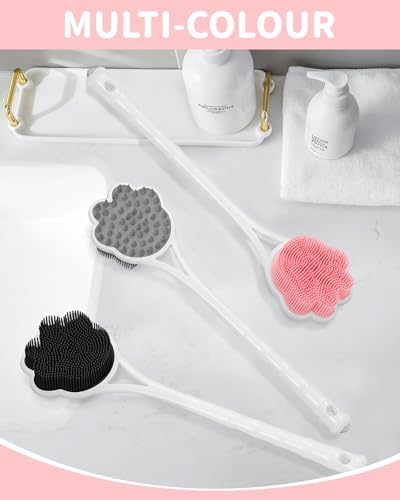 Manmihealth 15.7" Cute Silicone Back Scrubber & Soft Shower Brush Face Scrubber Set (3 PCS), Paw-Shaped Silicone Back Brush & Body Facial Scrubber with Super-Soft Bristles Combination(PinkSet)