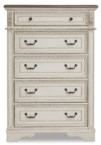 Signature Design by Ashley Realyn French Country Two Tone 5 Drawer Chest of Drawers, Chipped White
