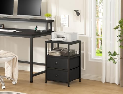 Nightstand Set of 2, 17.8"W Bedside Table with Fabric Drawers and Open Wood Shelf Storage, Safety Netting on Both Sides of Bedside Table,Night Stand for Bedroom,Closet, Hallway, Dorm,Black and Gray