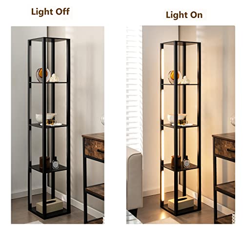 Dimmable Floor Lamp with 4 Wooden Shelves, 360° Rotatable LED Light, Tall Standing Reading for Bedroom, Living Room & Office Home Decor
