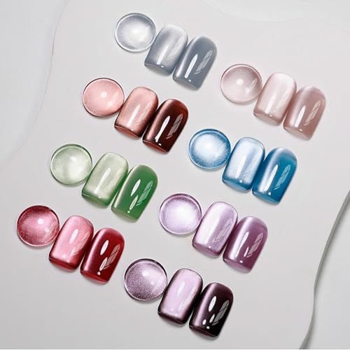 MIZHSE Cat Eye Gel Nail Polish, 8 Colors Ceramic Magnetic Gel Polish Set with Magnet Stick, Glass Effect Crystal Shimmery Silver Brown Green Purple Colors Soak Off Nail Art Salon Home Gift for Women