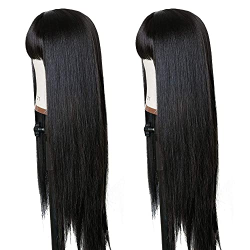Long Straight Remy Hair Wigs Natural Black Heat Resistant Fiber Hair Full Machine Wig with Bangs Cosplay Party Wig For Fashion Women (24 Inch)