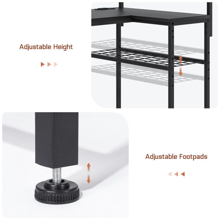 OtterOasis L Shaped Gaming Desk, Reversible Computer Desk with 4-Tier Shelves, Corner Desk with Pegboard, Home Office Desk with LED Lights & Power Outlets Gaming Desk with Storage, Black