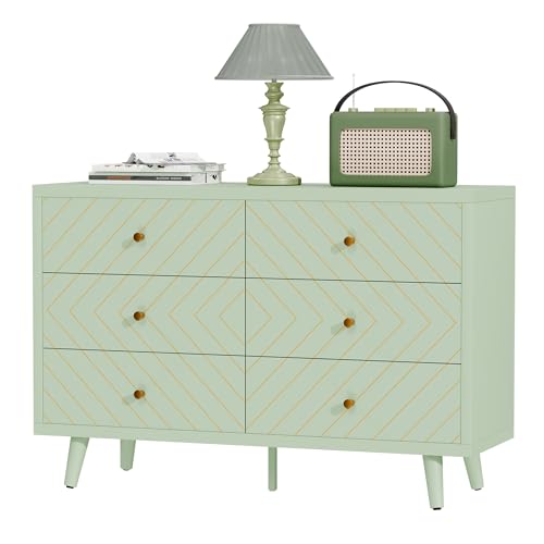 FNCK Green Dresser for Bedroom, 6 Drawer Dresser with Wide Drawer, Wood Dressers & Chests, TV Stand for 50" TV, Modern Storage Cabinet for Dorm, Hallway, Dressers and Nightstand Sets