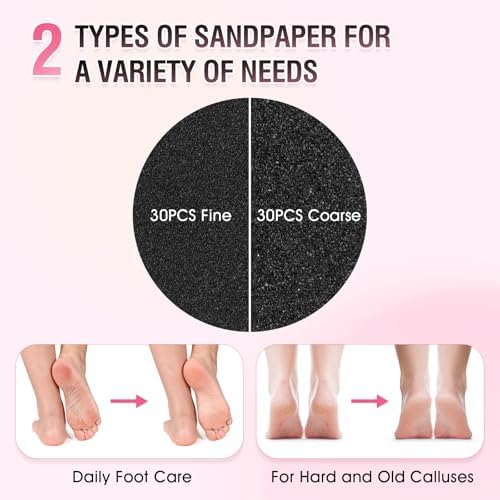 Electric Foot File Callus Remover: Adjustable Speed 1000RPM Feet File Grinder with 60 Pcs Sandpaper Discs - Professional Pedicure Tools for Dead Skin Calluses (Pink)