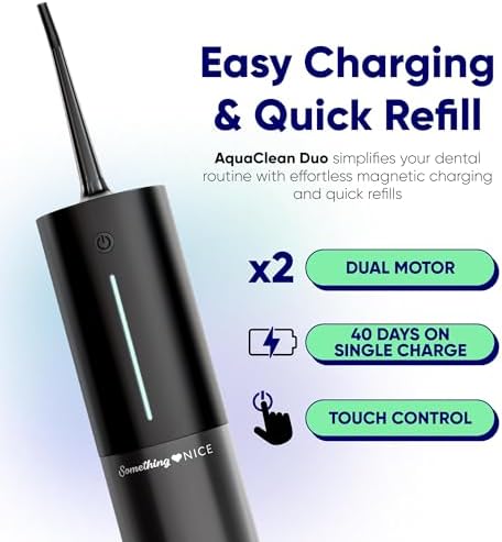 SOMETHING NICE AquaClean Duo Water Flosser - Portable, Waterproof, Includes Nozzles, Magnetic Charger, & Travel Bag | Dentist Designed Cordless Flosser for Teeth Cleaning Ideal for Braces (Black)