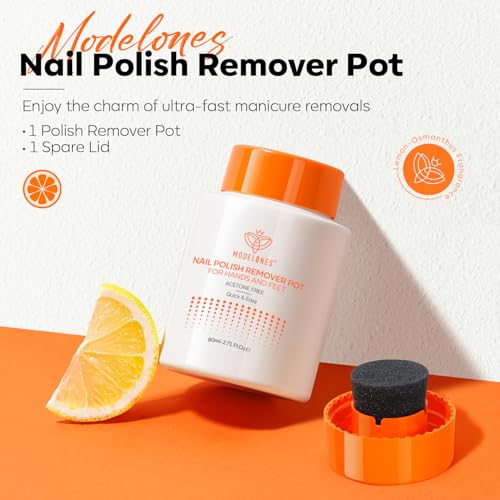 Modelones Acetone-Free Non-Drying Nail Polish Remover Pot with Jojoba Oil and Extra Sponge-Top Lid, Fingernail Polish Removal Gentle Formula for Salon & Home Nail Art 2.71 Fl Oz