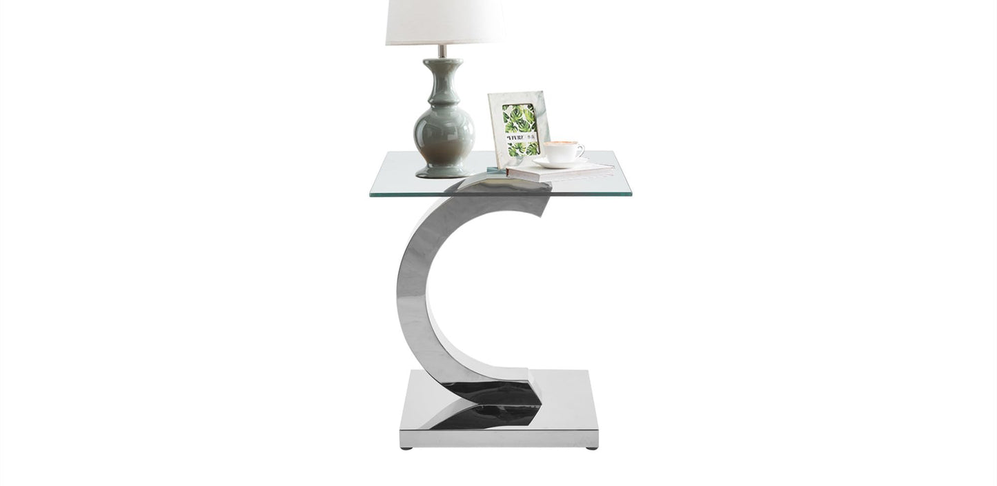 SSLine 1 Piece Living Room End Table Luxury Glass Side Table, Modern Silver End Table with C-Shape Stainless Steel Pedestal Base for Living Room Bedroom Office (1 End Table)