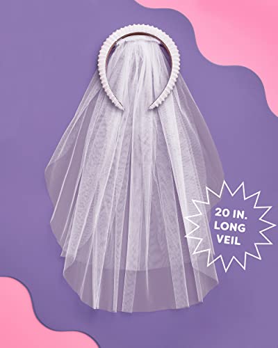 xo, Fetti Bachelorette Party Decorations Pearl Headband with Detachable Veil | White Headpiece Bridal Shower Gift, Bridesmaid Favors
