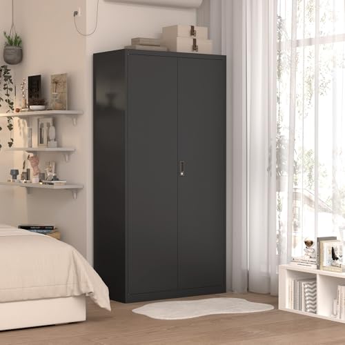 Avanroolux Metal Storage Cabinet with Lock, Large-Capacity Wardrobe Closet with Hanging Rod and Shelf, 71'' Clothing Coat Steel Storage Freestanding Wardrobe for Office, Home, School and Gym (Black)
