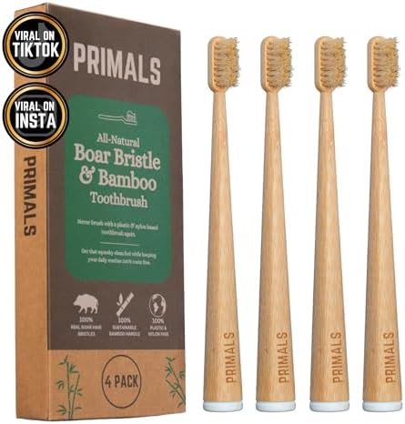 PRIMALS Boar Bristle & Bamboo Toothbrush (4-Pack) - Premium Boar Bristles - Fully Biodegradable - Plastic & Nylon Free - Quick Dry Design