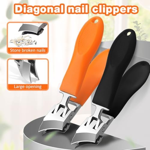 Wide Jaw Opening Anti-Splash Slanted Nail Clipper, 2025 New Fingernail and Toenail Clippers for Ingrown Nails, Long Handle Splashproof Nail Clippers, Wide Mouth Toe Nail Clippers (Black, 1PC)