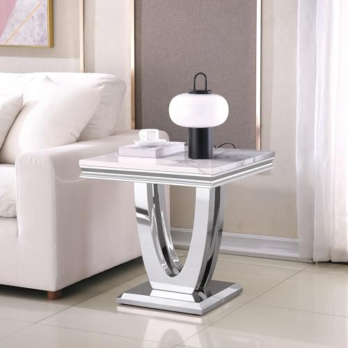 Marble End Table for Living Room, 22.8" Modern Suqare Sofa Side Table with Silver Stainless Steel U-Base, White Faux Marble Nightstand Bedside Tables Corner Tables for Bedroom, Home Office