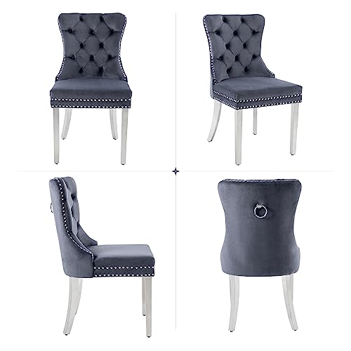 GOOLON Dining Room Chairs Set of 2, Tufted Velvet Chairs with Modern Stainless Steel Legs, Rivet Trim Metal Pull Ring Large Back for Kitchen Dining Room Restaurant, Dark Gray