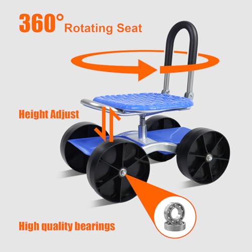 Explorinox Garden Cart Rolling Workseat with Wheels,Height Adjustable Gardening Stool for Planting,360 Degree Swivel Seat, Picking Rotary Tool Cart for Outdoor, Patio and Yard Blue