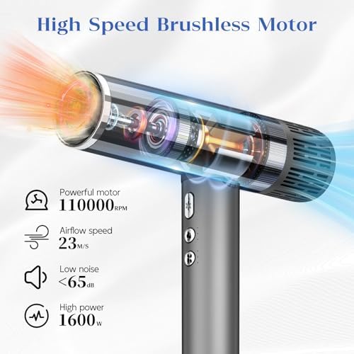 Ionic Salon Hair Dryer with 3 Attachments, 1600W Professional Blow Dryer with 110000RPM High Speed Brushless Motor for Fast Drying, Lightweight, Low Noise, Locking Function, 4 Temps & 3 Speeds