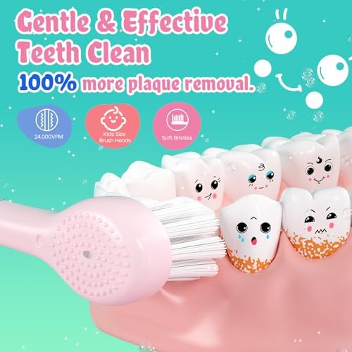 SEAGO Kids Electric Toothbrushes Rechargeable, Toddler Electric Toothbrush with Magnetic Charging, LED Observing Light, 8 Toothbrush Heads for Ages 2-4-6 Boys Girls (Pink)
