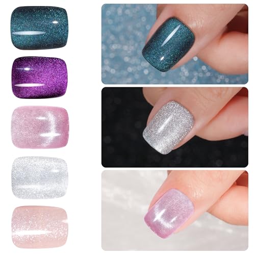 Cat Eye Press on Nails - Short, Salon-Like Fake Nails with Glitter Galaxy Chasing Light Cat Eye Designs