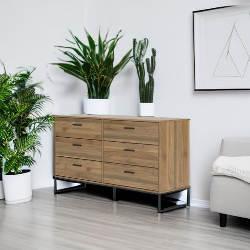 Signature Design by Ashley Deanlow Mid-Century Modern 6 Drawer Dresser with Safety Stop for Bedroom, Light Brown & Black