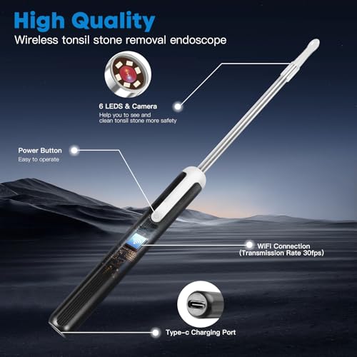 Tonsil Stone Remover Kit with Camera, Visual Tonsil Stone Removal Tool with LED Light, Rechargeable Tonsillolith Removal Tool with 4 Head - Fight Bad Breath - Attachments for iOS & Android