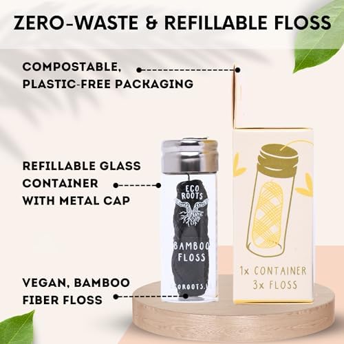 Natural Bamboo Dental Floss: 1 Refillable Glass Container + 3 Biodegradable Bamboo Floss Refill (33 Yards Each), Eco-Friendly, Vegan, Non-Toxic Natural Floss - Refillable Zero Waste Black Thick Floss