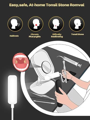Voraiya Tonsil Stone Removal Vacuum Kit with 5 Mode Suction, 10 in 1 Electronic, Oral Irrigator, Tongue Scraper, Oral lamp & 5X Magnifying Mirror Included for Fresh Breath, Black