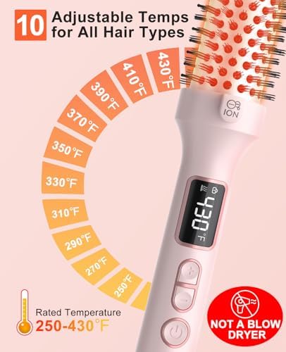 Nimmu Thermal Brush for Blowout Look, 1.5 inch Heated Round Brush, Curling Iron with 10 Temperature Control, Hot Styler Dual Voltage for Travel, Pink