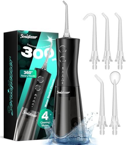 Portable Water Flosser for Teeth Pick - Cordless Electric Oral Irrigator for Adults & Sensitive Gums 300ML Braces Cleaning 5 Jet Tips, IPX7 Waterproof for Travel, Rechargeable BPA-Free 4 Modes