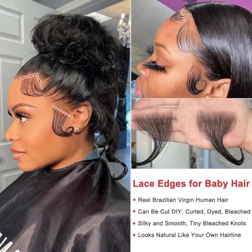 Edges Hair HD Lace Strips for Women - Reusable Invisible Lace Hairline with 4 Pcs Natural Handmade Real Human Hair Pieces, Black Color