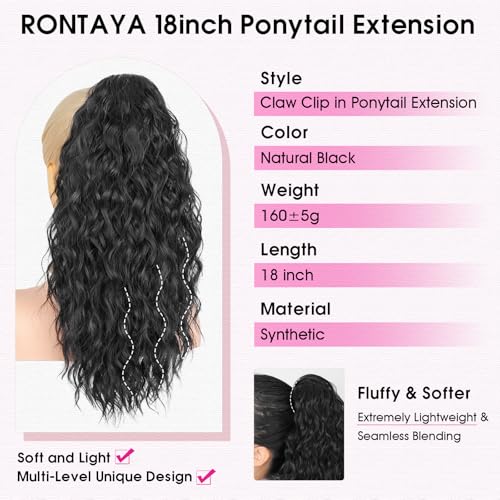 RONTAYA Ponytail Extension, 18 Inch Black Claw Clip Ponytail Extensions for Women, Multi Layered Fluffy Thick Wavy Jaw Clip in Fake Pony Tails Fake Hair Soft Synthetic Hairpiece