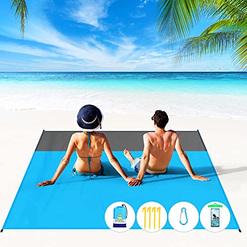 BYDOLL Beach Blanket 78''×81'' 4-7 Adults Oversized Lightweight Waterproof Sandproof Beach Blanket Large Picnic Mat Beach Blanket for Beach Travel Camping Hiking Picnic(78" X 81", Blue-Grey)