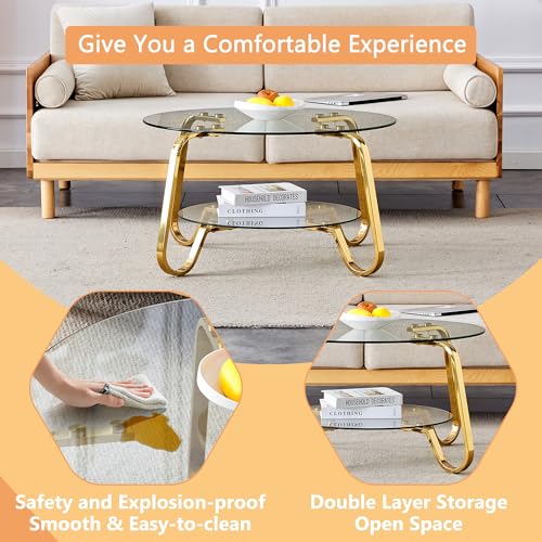 Glass Round Coffee Table with Storage, Modern 2-Tier Circle Coffee Tables for Living Room, 31.5" Gold Coffee Table with Glass Shelft and Metal Legs for Bedroom,Home Office