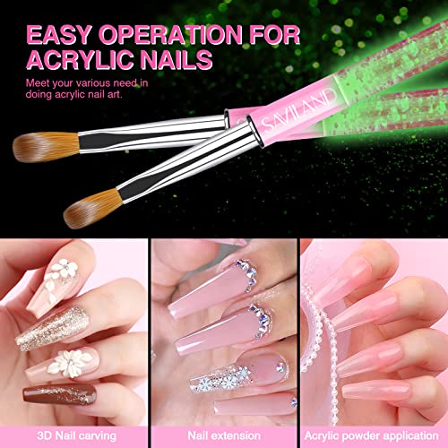 SAVILAND Kolinsky Acrylic Nail Brush Set: Size 6,8,12,14 Professional Glows in the Dark Manicure Brushes for Acrylic Powder Application 3D Nail Art Carving & Extension Tools Home DIY Nail Art Salon