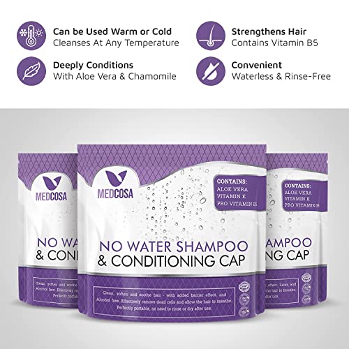 Medcosa No Rinse Shampoo Caps - Waterless Shampoo and Conditioner Hair Wash Cap - Dry Hair Washing Aids with Aloe Vera and Vitamins - Pack of 5 Rinse Free No Water Shower Caps