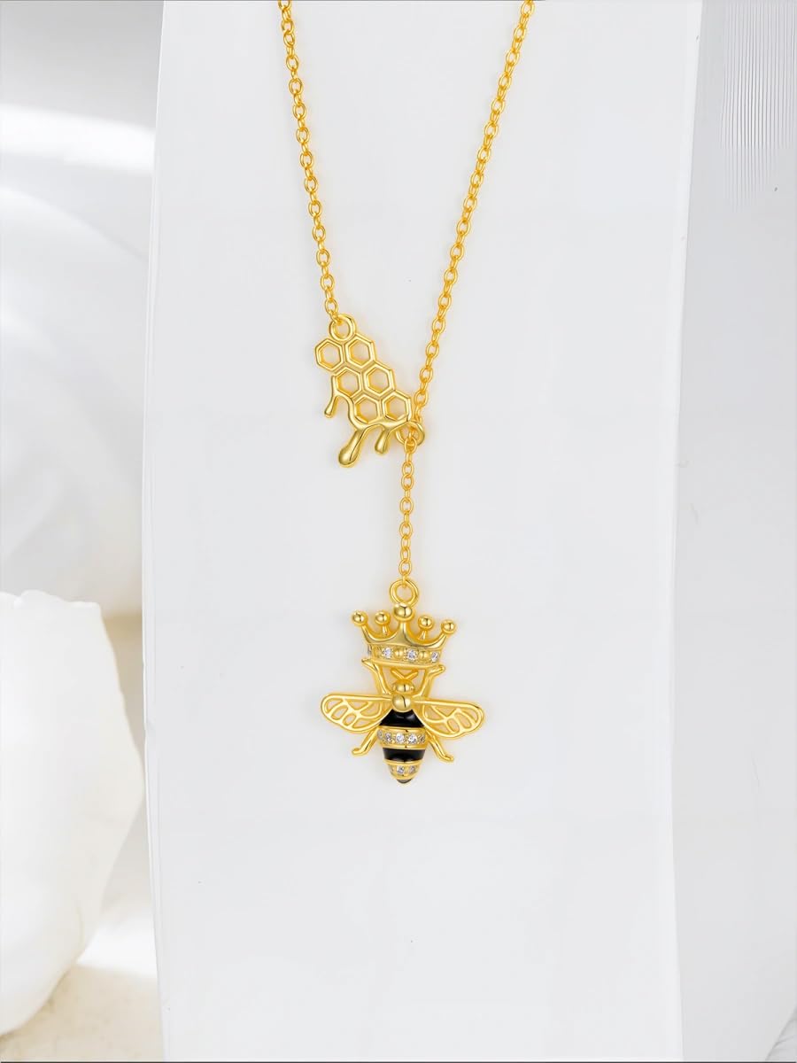 Lypic Bee Necklace 925 Sterling Silver Queen Bee Necklace with Honeycomb Bumblebee Crown Jewelry Gifts for Women