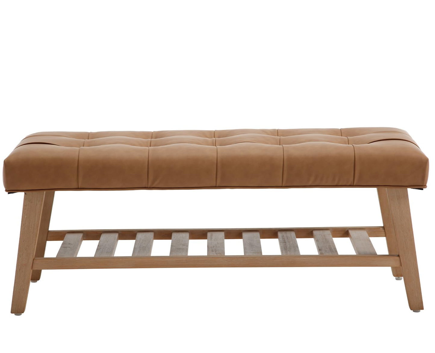chairus Entryway Bench 2-Tier Shoe Bench Upholstered PU Leather Storage Ottoman Bench Button-Tufted End of Bed Bench with Solid Wood Shelf for Living Room, Bedroom, Hallway, Brown
