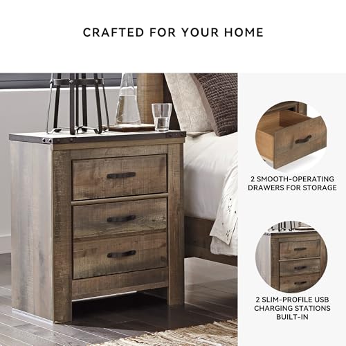 Signature Design by Ashley Trinell Rustic 2 Drawer Nightstand with USB Charging Stations, 29.65" Tall, Warm Brown
