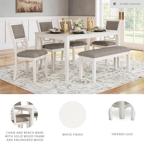 Signature Design by Ashley Erinberg Casual Dining Table with 4 Armless Upholstered Chairs and Bench, Set of 6, White & Light Gray