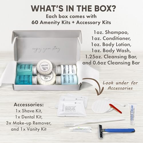 Terra Pure White Tea & Coconut Amenity & Accessory Kit |1oz Travel Size Shampoo, Conditioner, Lotion, Body Wash, 2 Cleansing Bars, Shave & Dental Sets, Make-Up Remover Wipes, & Vanity Kit | 60 Boxes