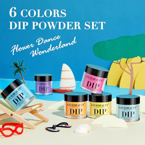 AZUREBEAUTY Bright Summer Dip Powder Nail Set, 6 Colors Pink Blue Purple Yellow Orange Dipping Powder Nail Starter Kit French Art Manicure DIY Mother's Gift for Women, No Need Nail Lamp Cured
