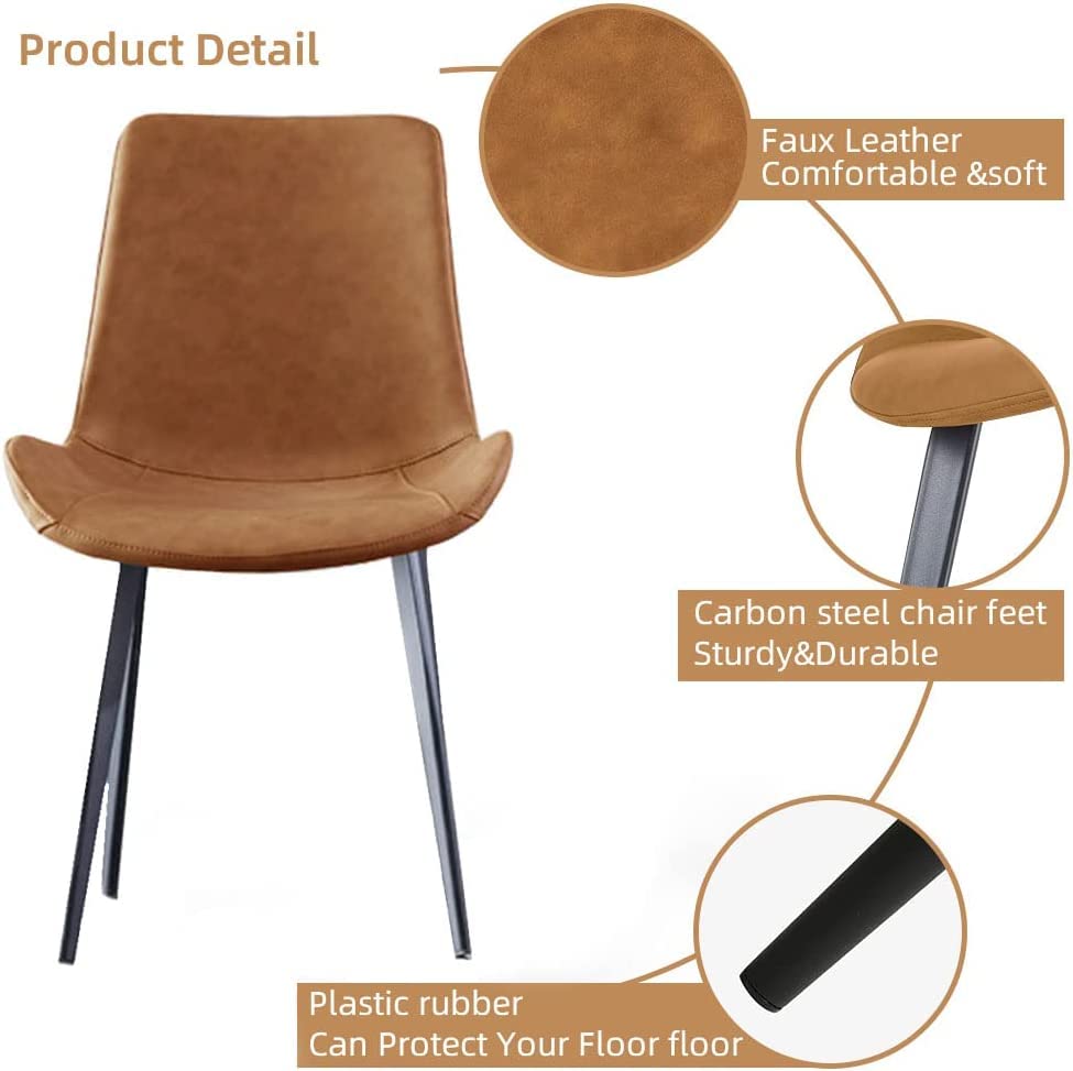 HIPIHOM Dining Chairs Set of 2, Modern Kitchen & Dining Room Chairs, Upholstered Faux Leather Cushion Seat and Sturdy Metal Legs (2 Brown Chairs)