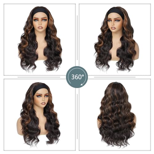 xccoco Long Wavy Headband Wig for Women Black Wigs with Brown Blonde Highlight 200% Denisty Headband Wigs Put On and Go Glueless Wig Long Synthetic Wig for Women Party Daliy Use