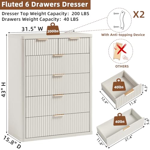 LEYAOYAO Fluted 6 Drawers Dresser for Bedroom, 43" Tall Modern Chest of Drawers with Metal Handle, Curved Profile Design,White Wood Drawer Organizer for Bedroom, Living Room, Hallway, Entryway