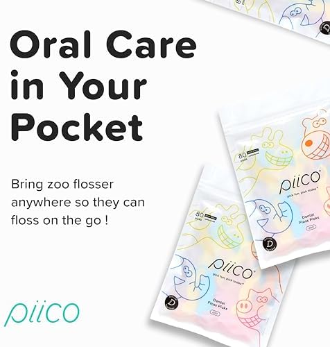 Piico Unflavored Kids Floss - No Fluoride Dual Line Dental Floss Picks - Fun Oral Care in Colorful Floss Sticks Design - Kids Flossers Prevent Tooth Decay & Gum Disease - 240 Count Zoo & Travel Case