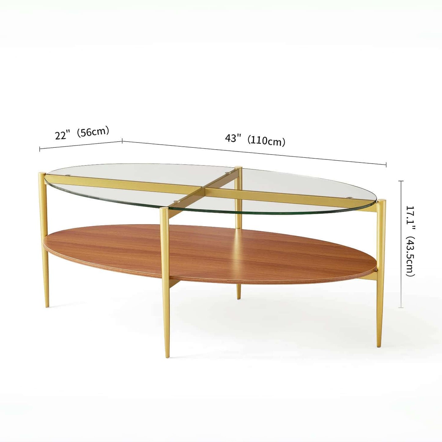 LumFurn Oval Glass Coffee Table, Mid-Century Modern Design, L43 x W22 x H17 inch, 2-Tier Structure, Olive Shaped Clear Glass Top and Walnut Finish Wood Shelf, Tapered Legs with Gold Finish Frame